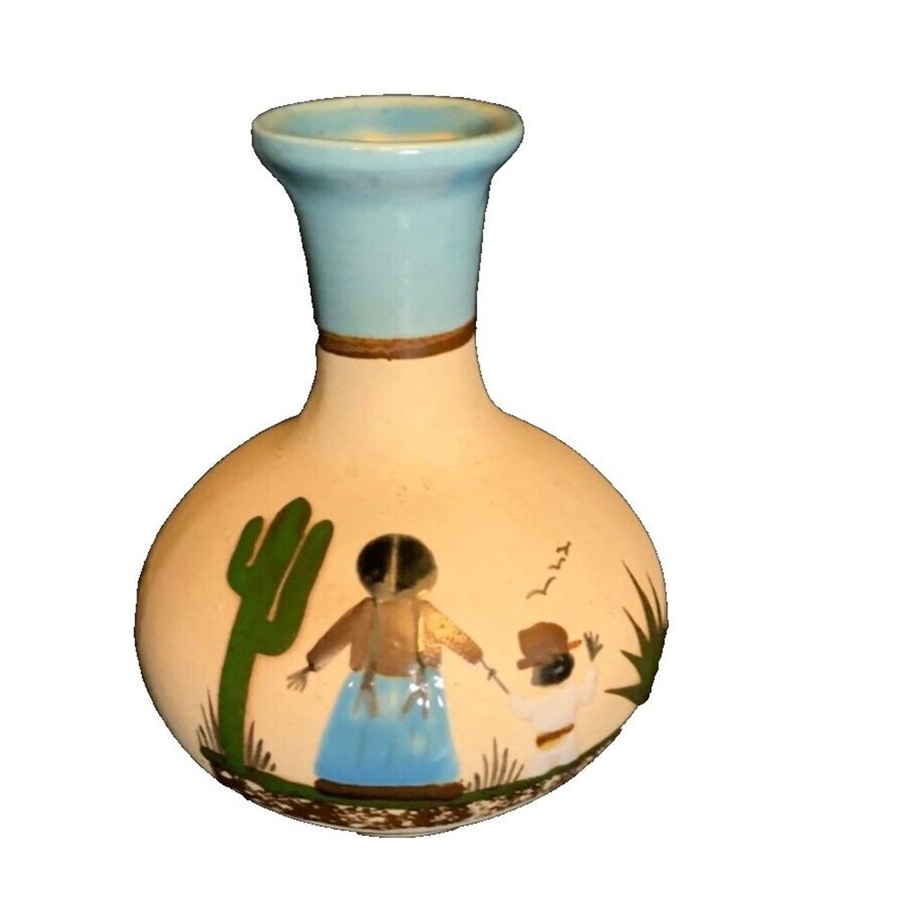 Vintage Mexican Folk Art Clay Vase Hand Painted Cactus Mother And Son Signed